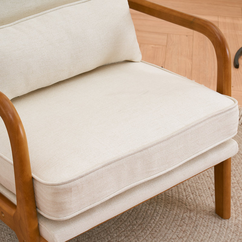 George Oliver Mid Century Solid Wood Accent Chair Upholstered Armchair with an Extra Pillow Beige Linen Blend